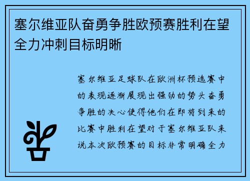 塞尔维亚队奋勇争胜欧预赛胜利在望全力冲刺目标明晰