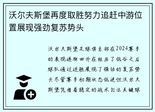 沃尔夫斯堡再度取胜努力追赶中游位置展现强劲复苏势头