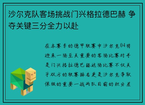 沙尔克队客场挑战门兴格拉德巴赫 争夺关键三分全力以赴