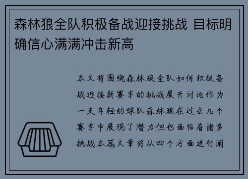 森林狼全队积极备战迎接挑战 目标明确信心满满冲击新高